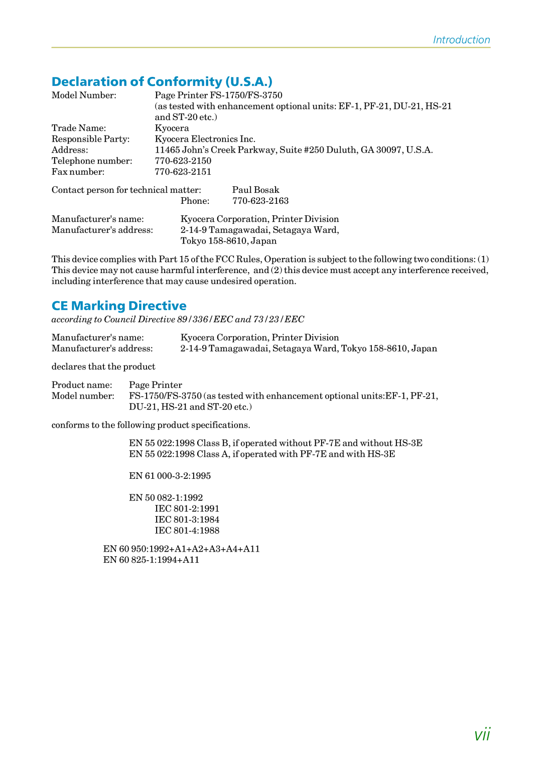 Kyocera FS1750, 3750 manual Declaration of Conformity U.S.A, CE Marking Directive 