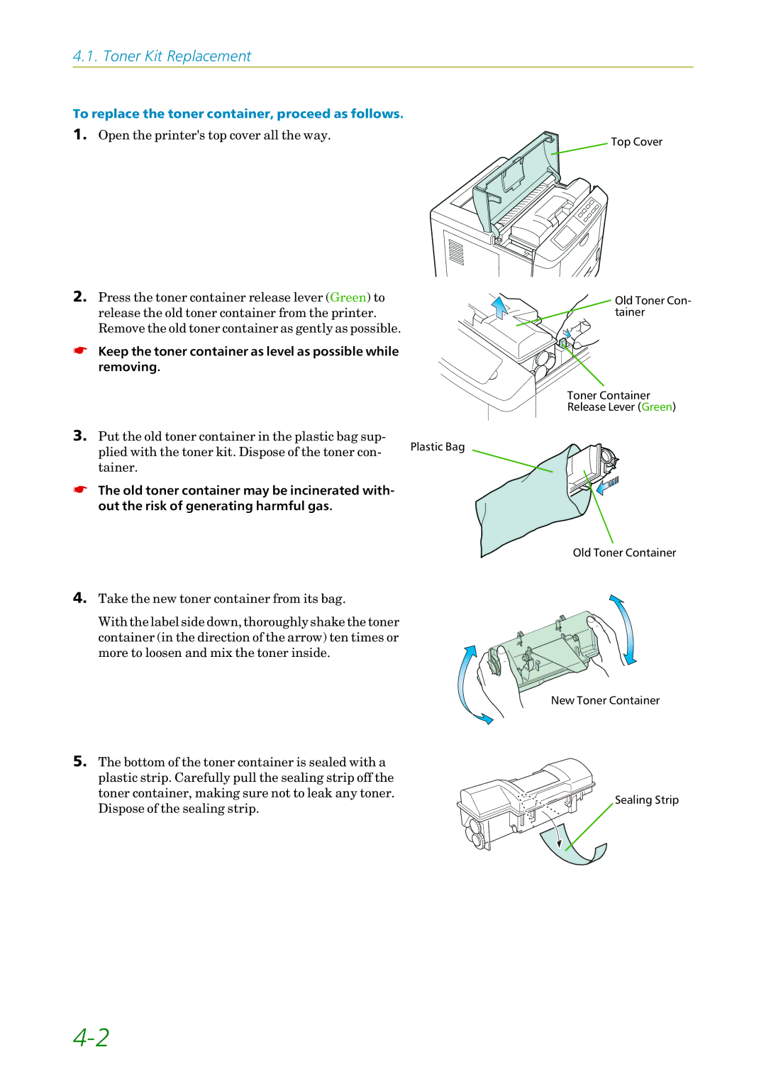 Kyocera FS1750, 3750 manual To replace the toner container, proceed as follows 