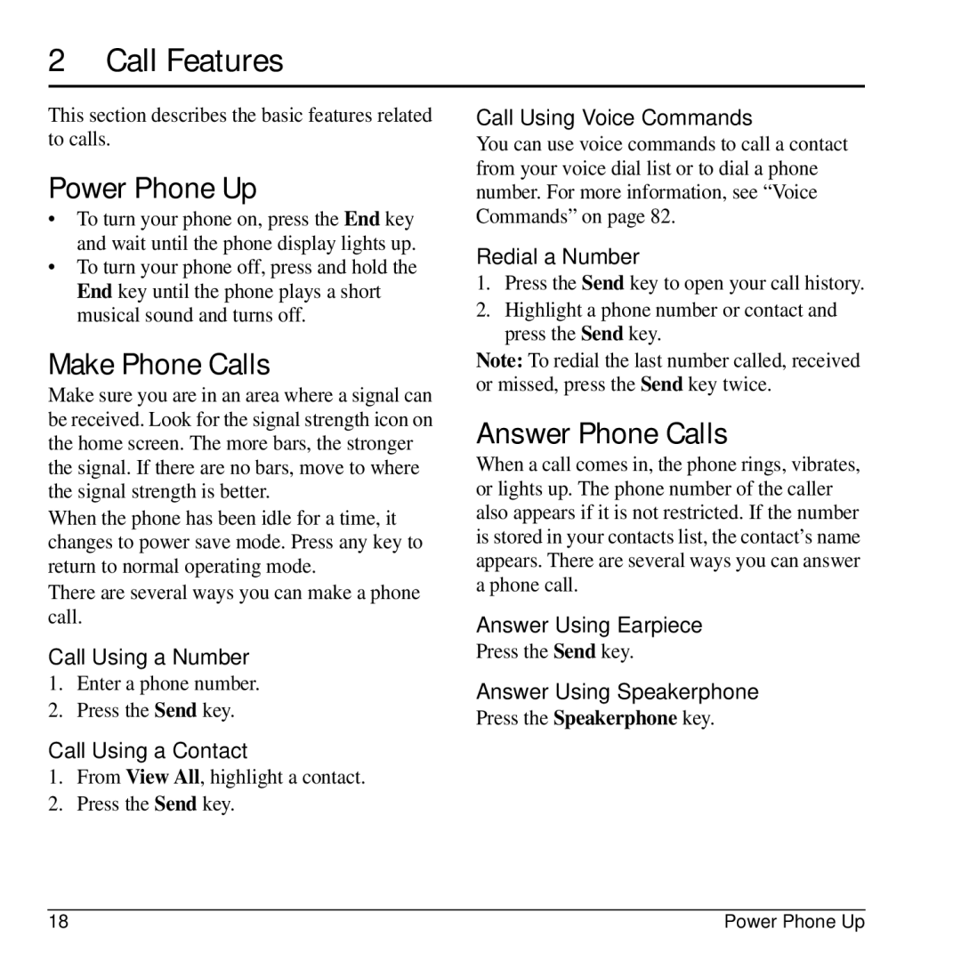 Kyocera G2GO manual Call Features, Power Phone Up, Make Phone Calls, Answer Phone Calls 