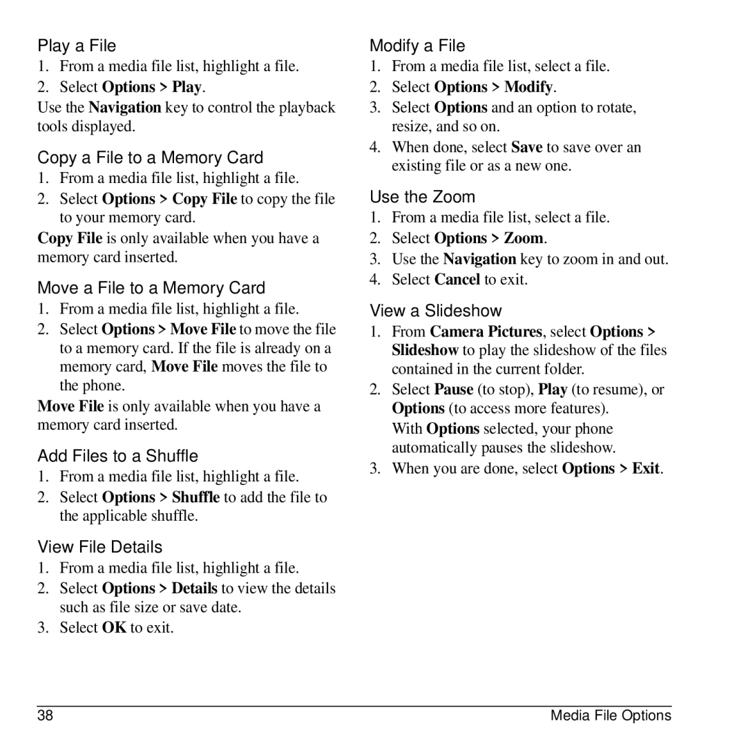 Kyocera G2GO Play a File, Copy a File to a Memory Card, Move a File to a Memory Card, Add Files to a Shuffle, Use the Zoom 