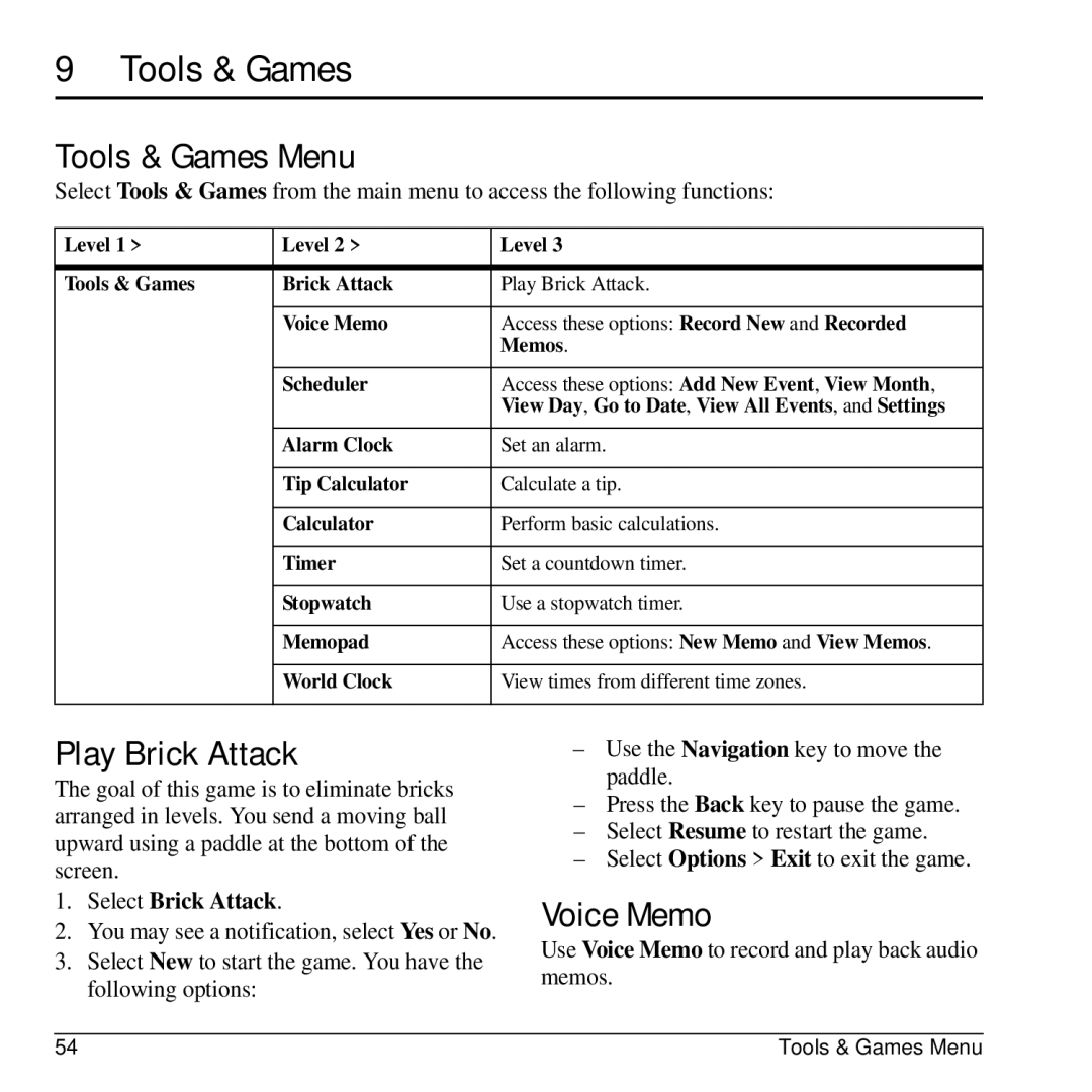 Kyocera G2GO manual Tools & Games Menu, Play Brick Attack, Voice Memo, Select Brick Attack 