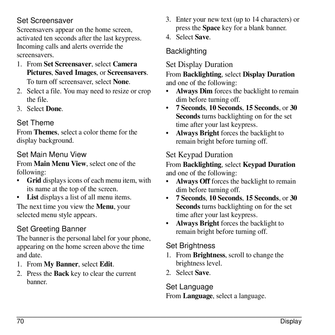 Kyocera G2GO manual Set Screensaver, Set Theme, Set Main Menu View, Set Greeting Banner, Backlighting, Set Brightness 