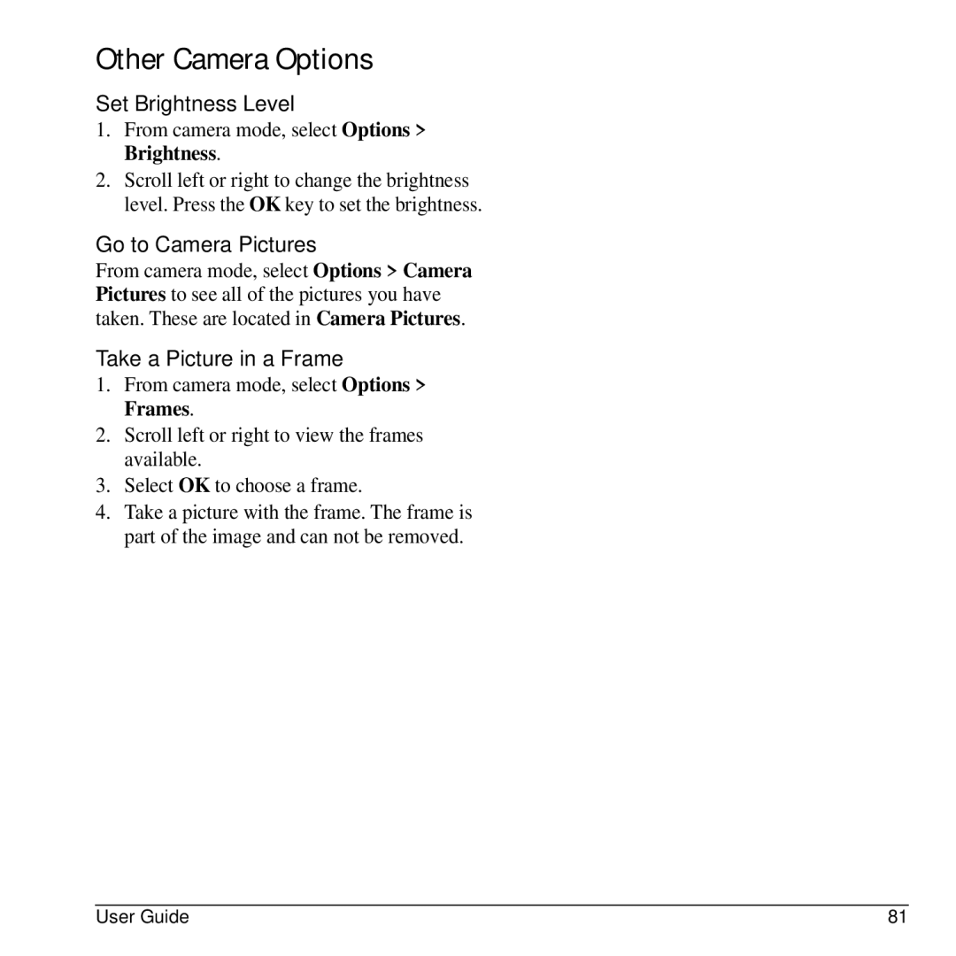 Kyocera G2GO manual Other Camera Options, Set Brightness Level, Go to Camera Pictures, Take a Picture in a Frame 