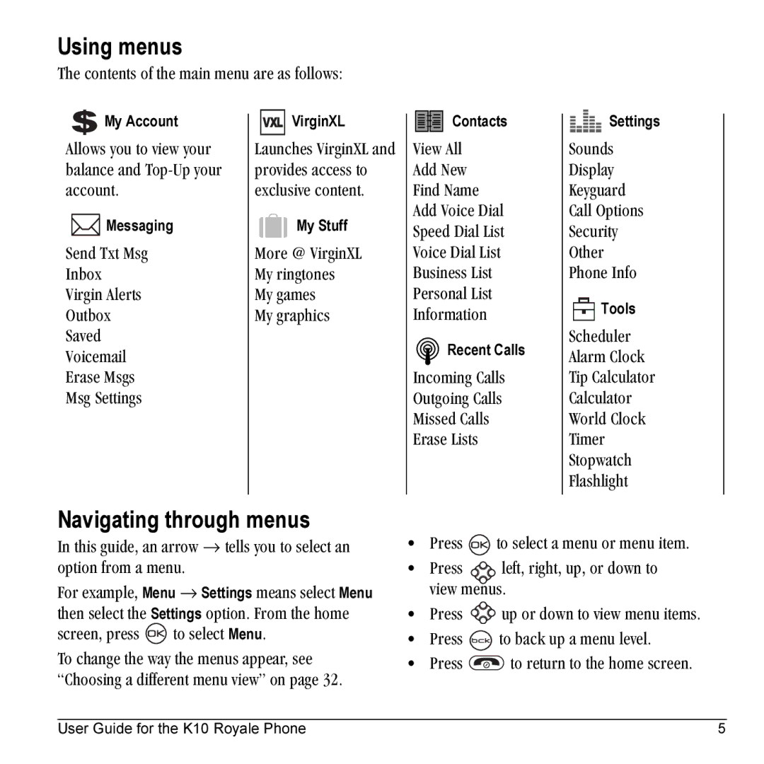 Kyocera K10 manual Using menus, Navigating through menus 