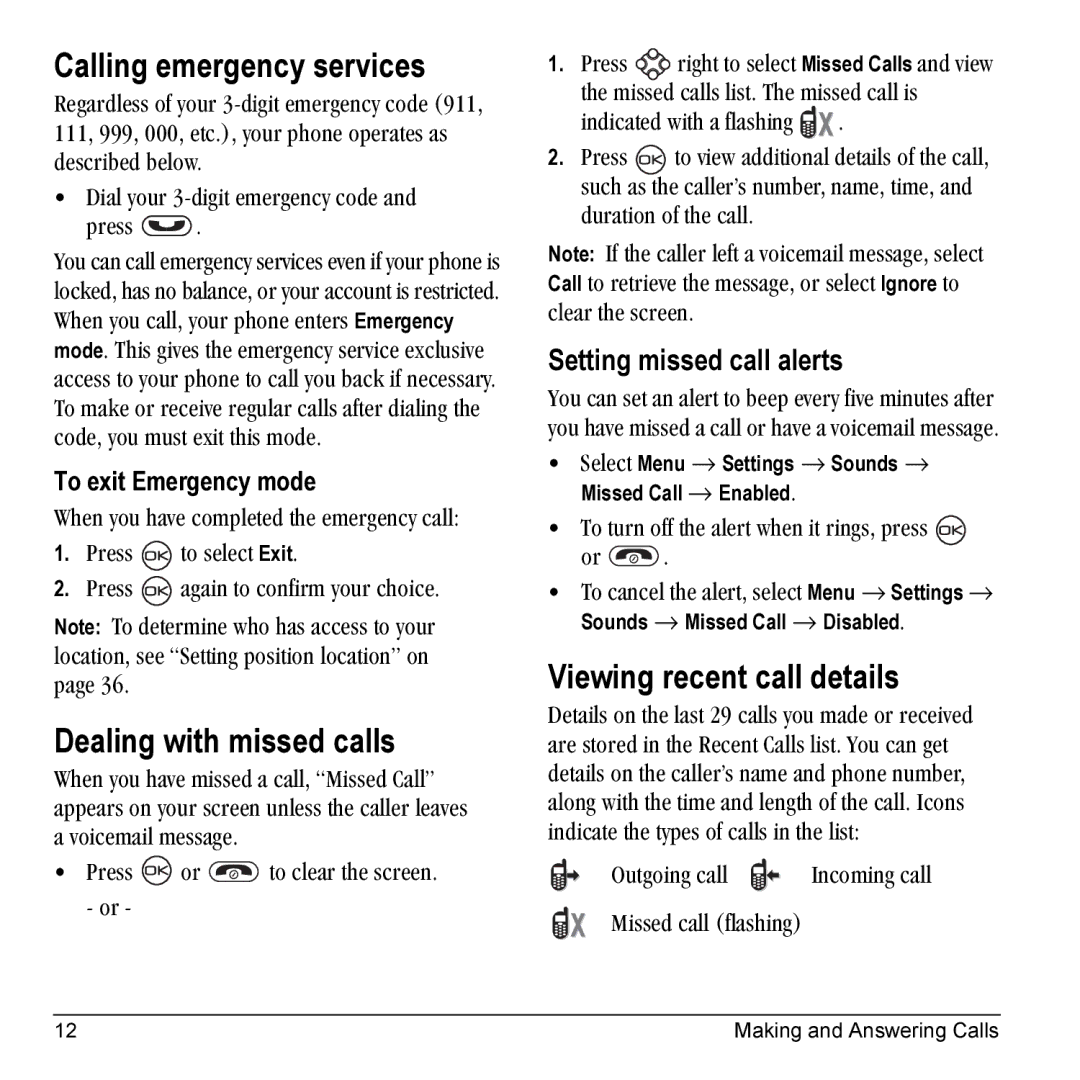 Kyocera K10 Calling emergency services, Dealing with missed calls, Viewing recent call details, Setting missed call alerts 