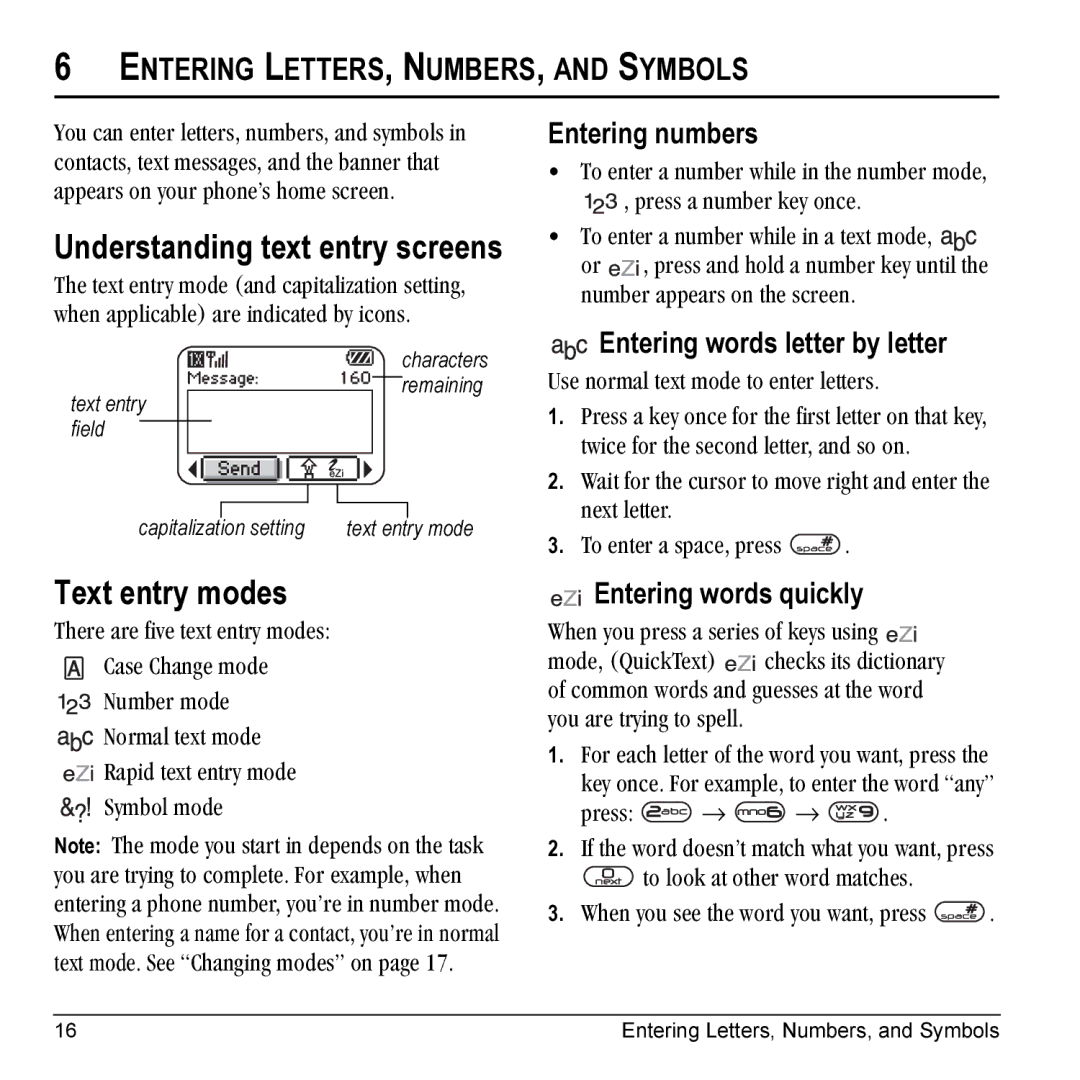 Kyocera K10 manual Understanding text entry screens, Text entry modes, Entering LETTERS, NUMBERS, and Symbols 