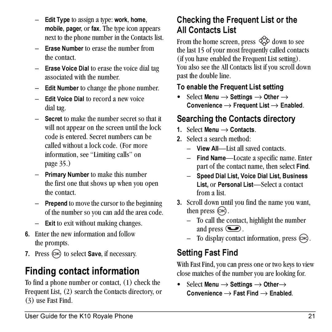 Kyocera K10 manual Finding contact information, Checking the Frequent List or the All Contacts List, Setting Fast Find 