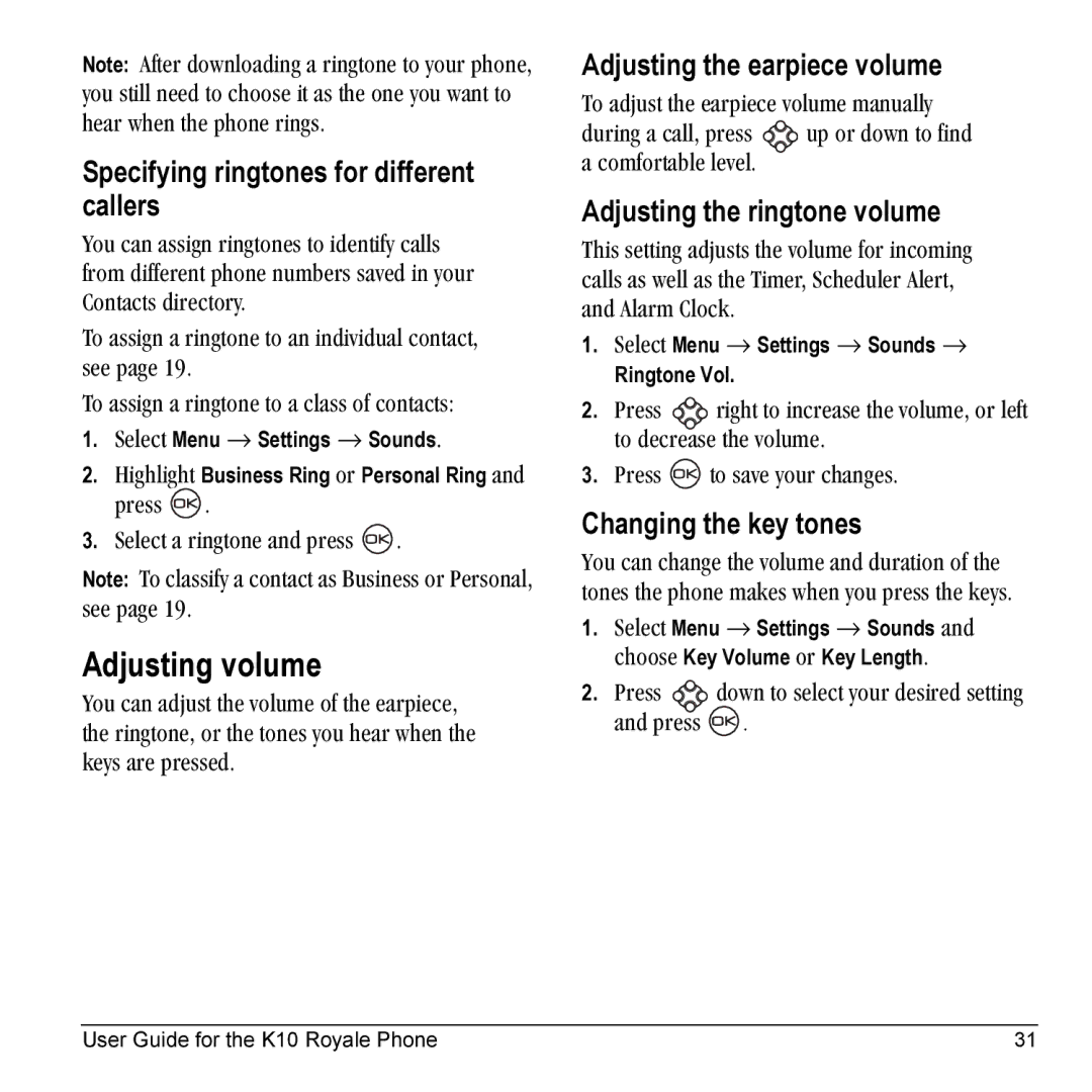 Kyocera K10 manual Adjusting volume, Specifying ringtones for different callers, Adjusting the earpiece volume 