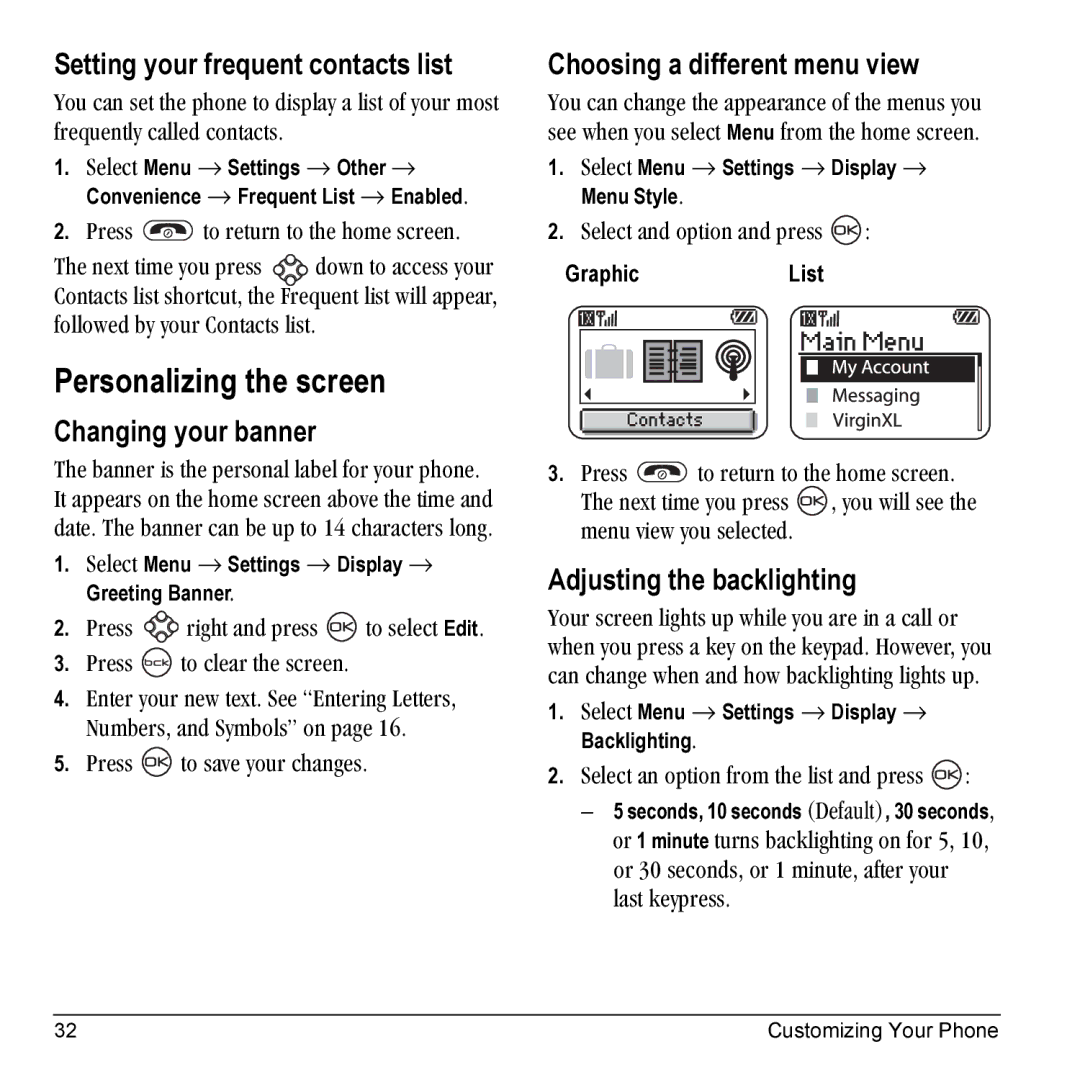 Kyocera K10 manual Personalizing the screen, Setting your frequent contacts list, Changing your banner 