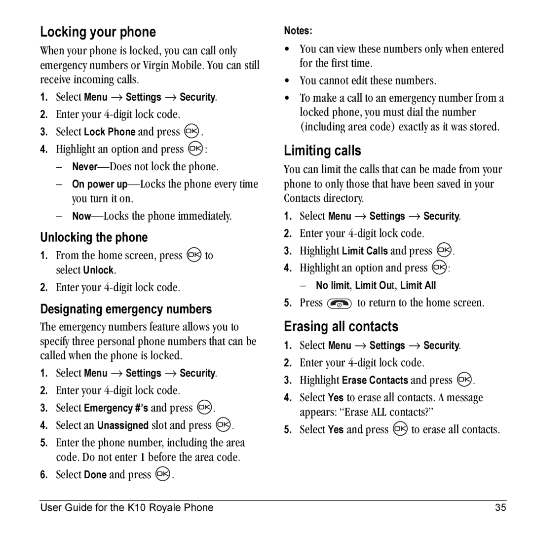 Kyocera K10 Locking your phone, Limiting calls, Erasing all contacts, Unlocking the phone, Designating emergency numbers 