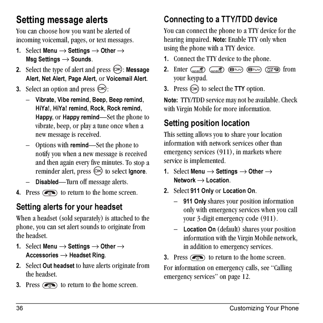 Kyocera K10 manual Setting message alerts, Setting alerts for your headset, Connecting to a TTY/TDD device 