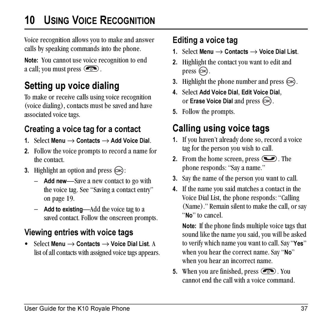 Kyocera K10 manual Setting up voice dialing, Calling using voice tags, Using Voice Recognition 