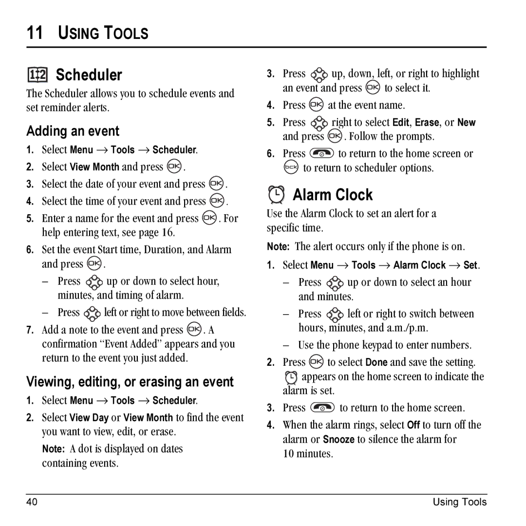 Kyocera K10 manual Scheduler, Alarm Clock, Using Tools, Adding an event, Viewing, editing, or erasing an event 