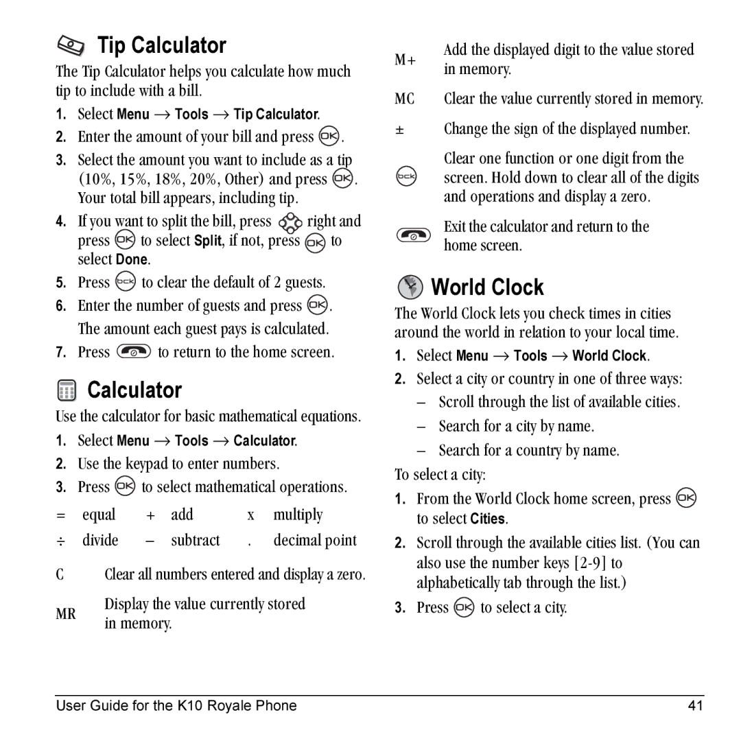 Kyocera K10 manual Tip Calculator, World Clock 