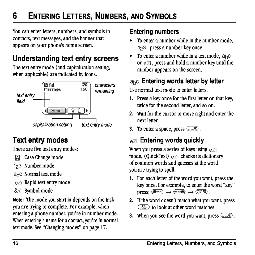 Kyocera K10 Understanding text entry screens, Text entry modes, Entering Letters, Numbers, And Symbols, Entering numbers 