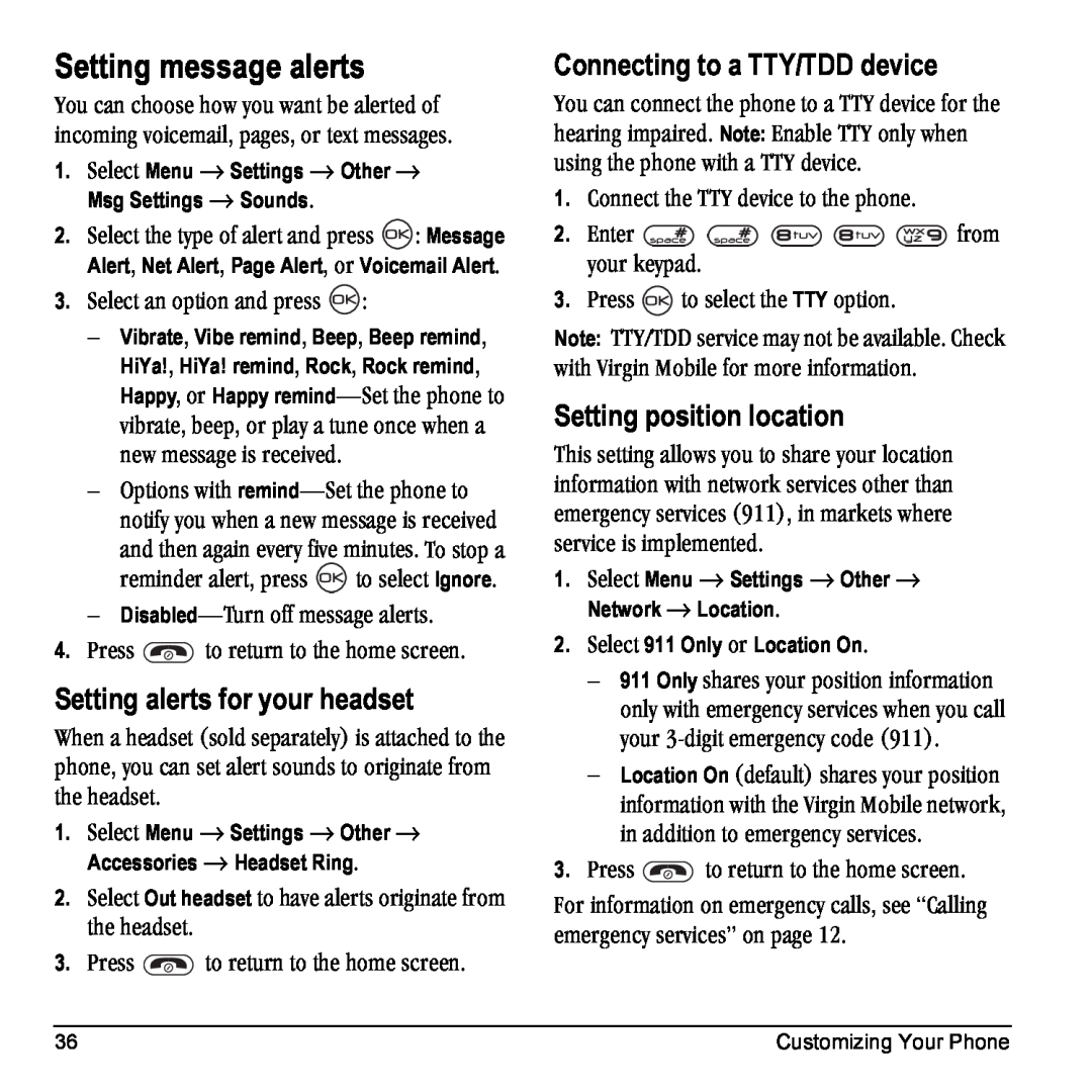 Kyocera K10 manual Setting message alerts, Setting alerts for your headset, Connecting to a TTY/TDD device, íÜÉ=ÜÉ~ÇëÉíK 