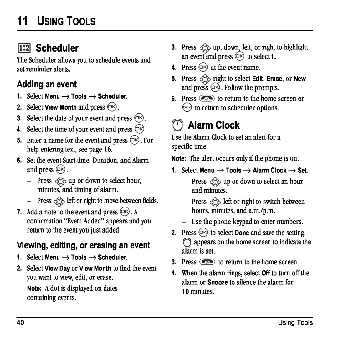 Kyocera K10 manual Scheduler, Alarm Clock, Using Tools, Adding an event, Viewing, editing, or erasing an event, NM ãáåìíÉëK 