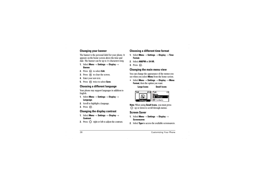 Kyocera K112 manual Changing your banner, Choosing a different language, Changing the display contrast, Screen Saver 