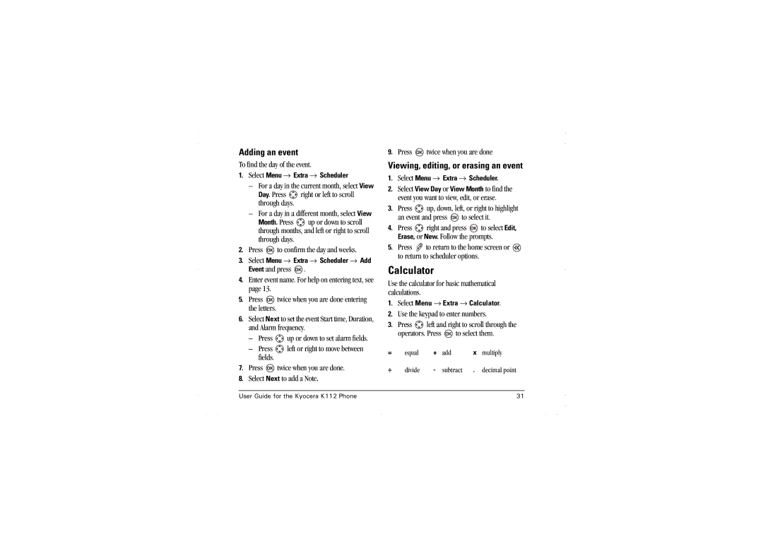 Kyocera K112 manual Calculator, Adding an event, Viewing, editing, or erasing an event 