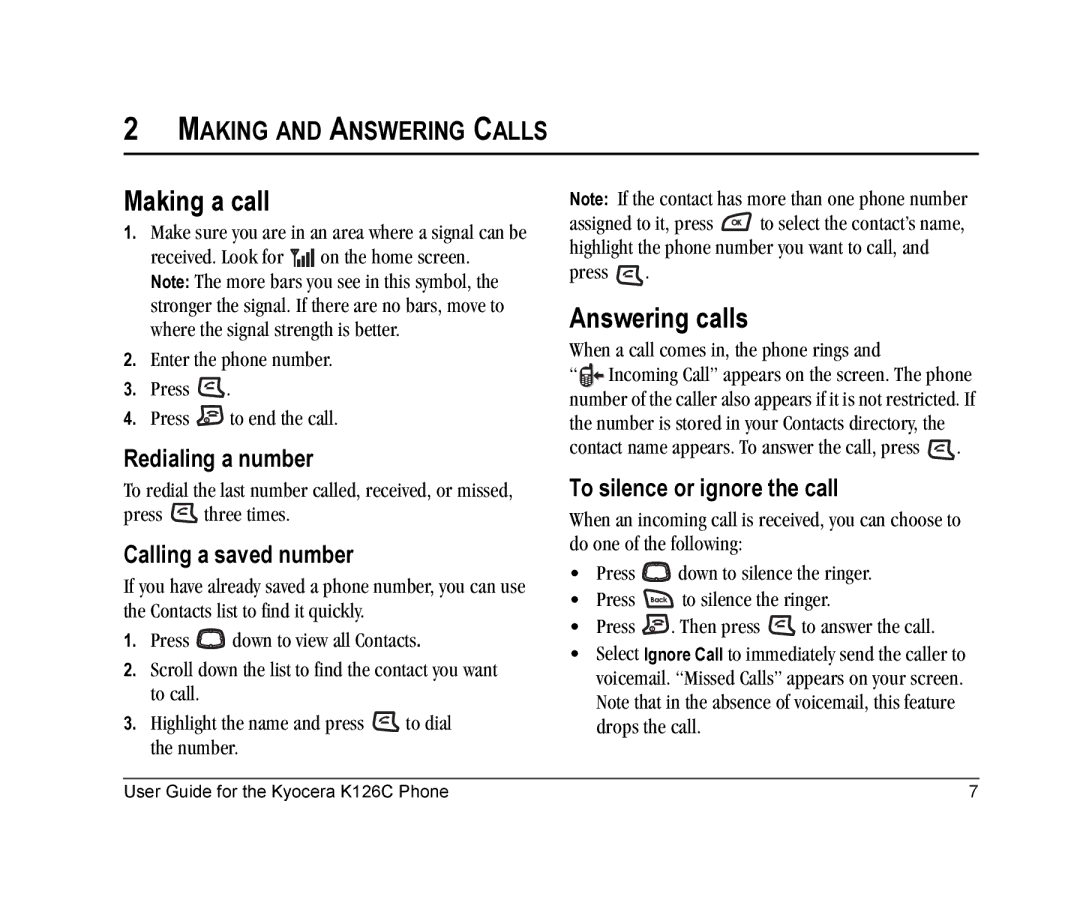 Kyocera K126C manual Making a call, Answering calls, Making and Answering Calls 