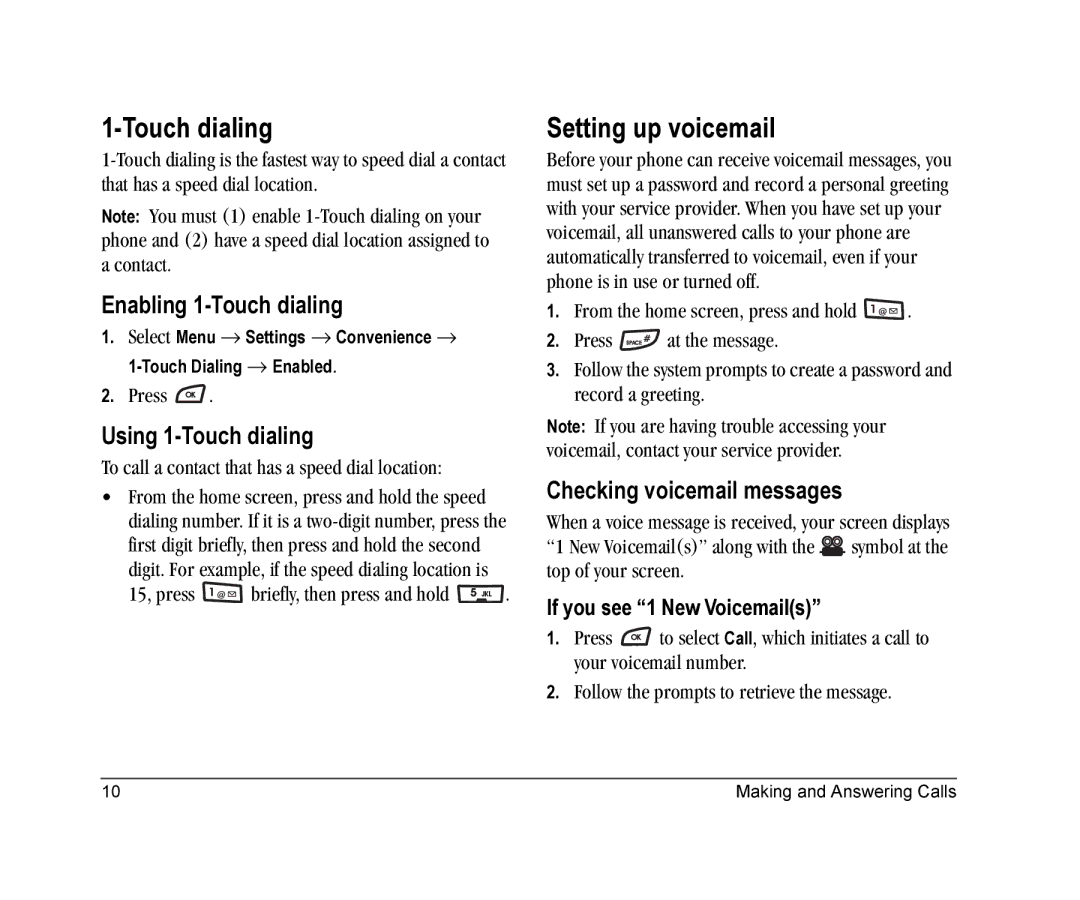 Kyocera K126C manual Setting up voicemail, Enabling 1-Touch dialing, Using 1-Touch dialing, Checking voicemail messages 