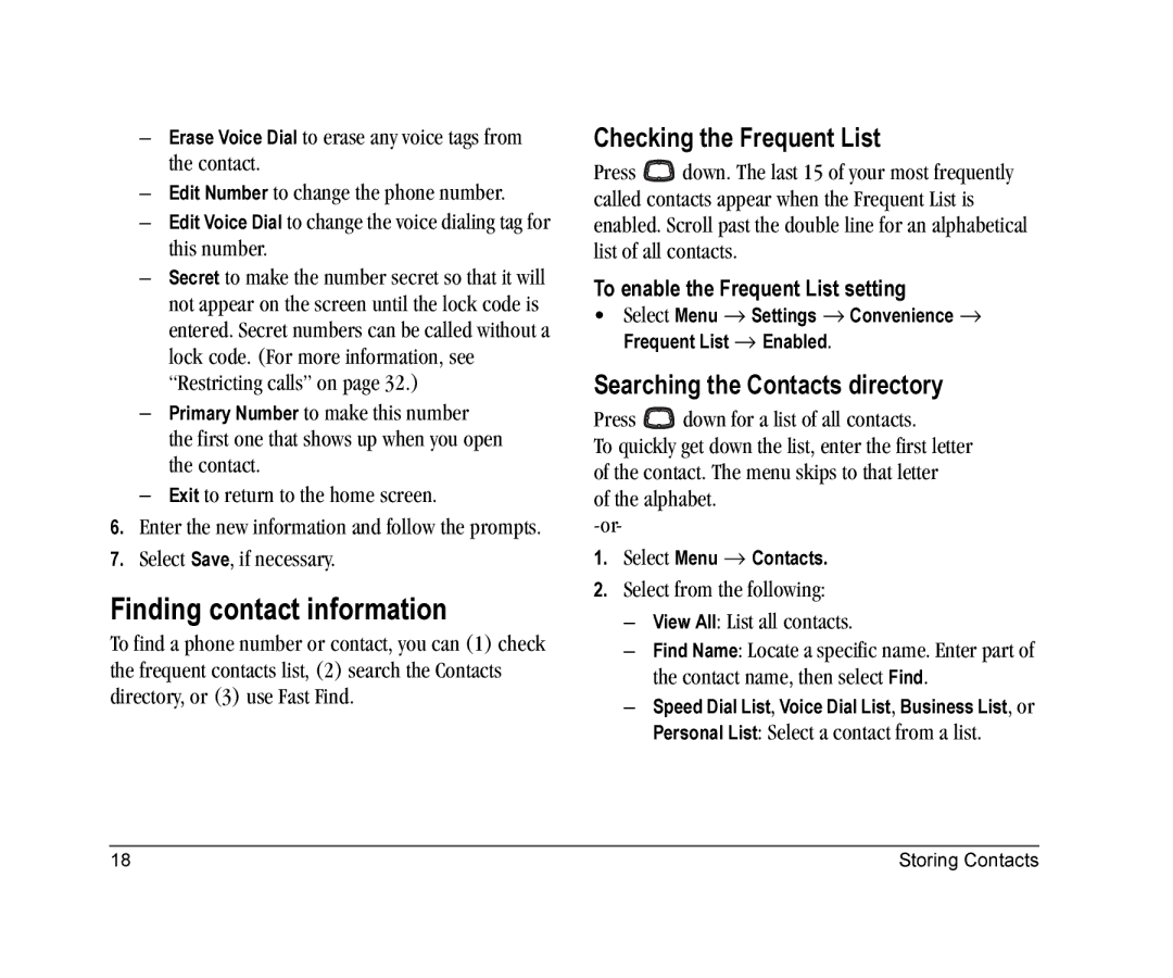 Kyocera K126C manual Finding contact information, Checking the Frequent List, Searching the Contacts directory 