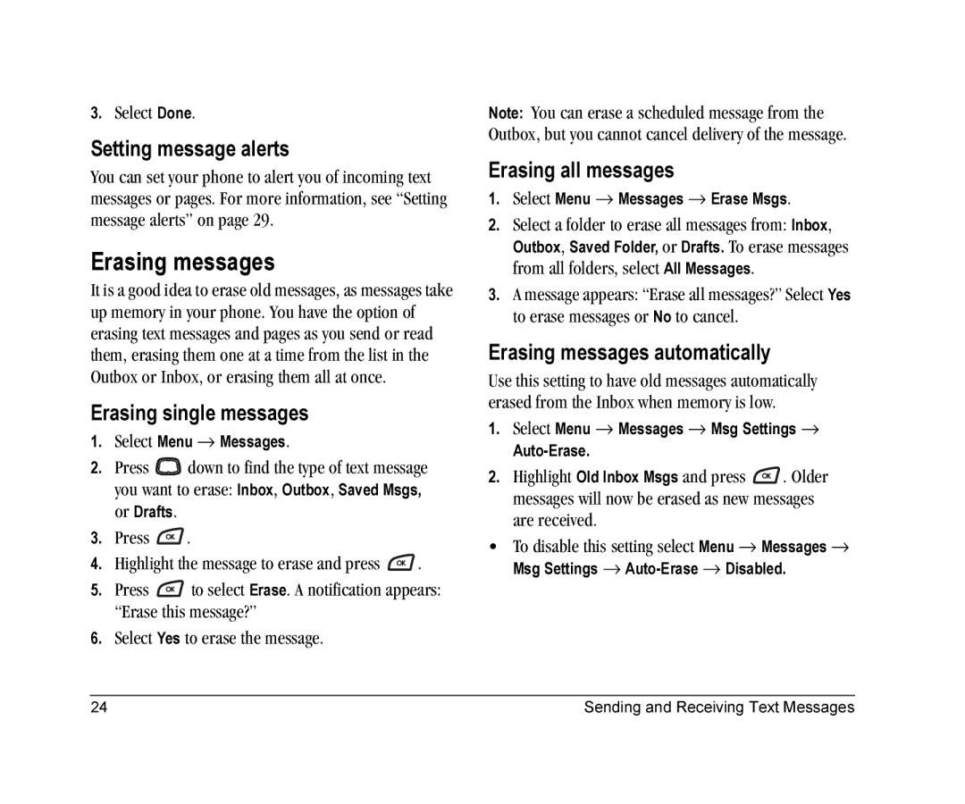 Kyocera K126C manual Erasing messages, Setting message alerts, Erasing single messages, Erasing all messages 