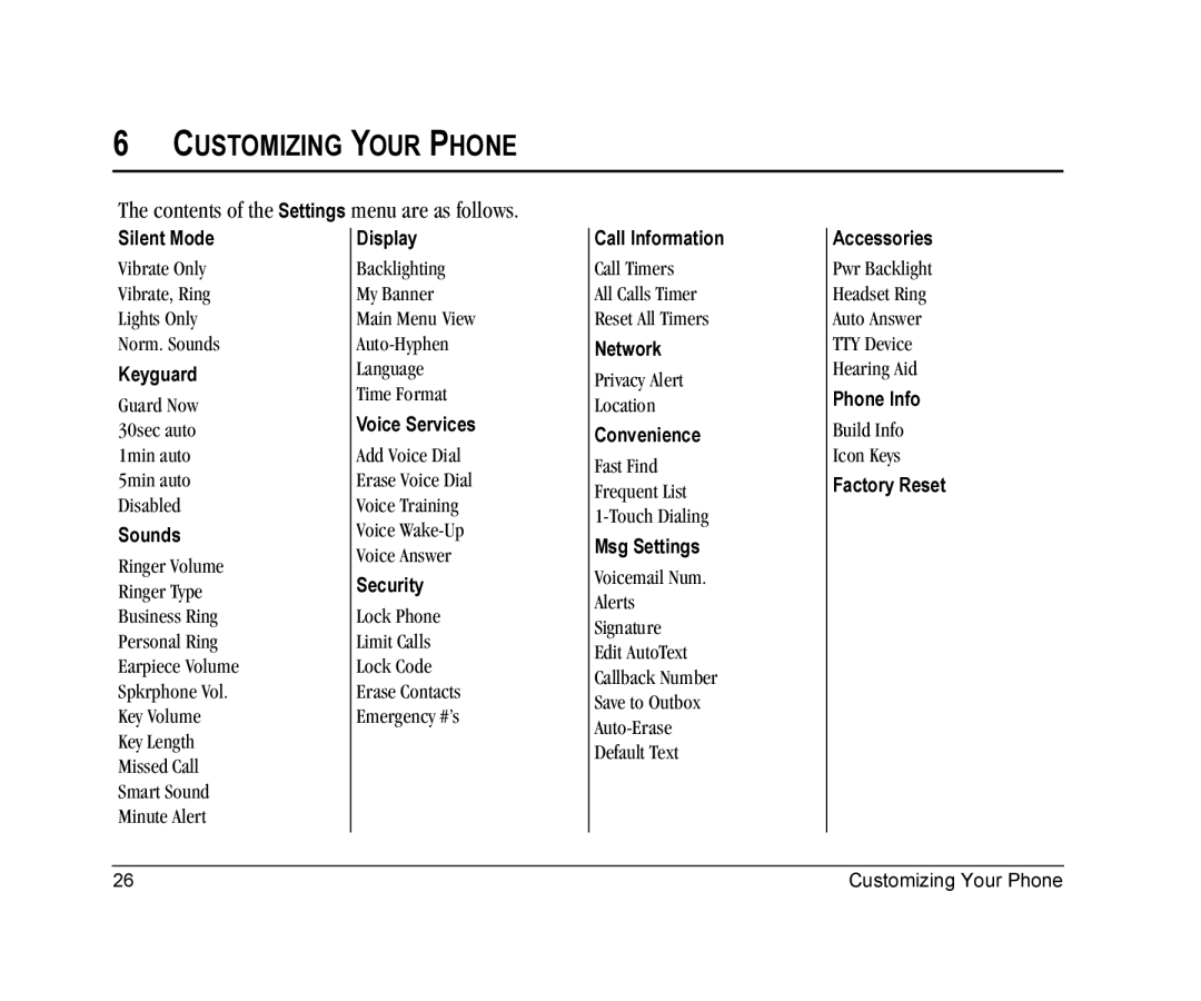 Kyocera K126C manual Customizing Your Phone, Contents of the Settings menu are as follows 