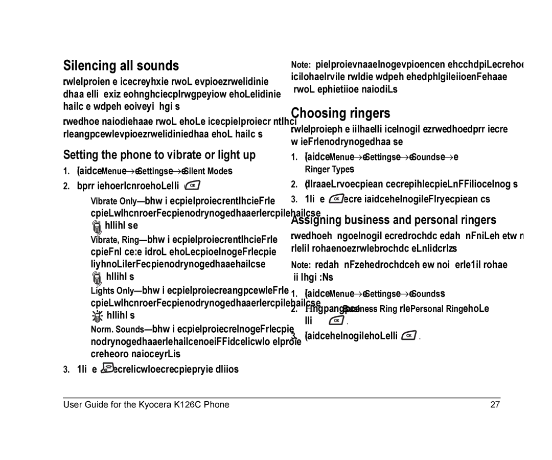 Kyocera K126C manual Silencing all sounds, Choosing ringers, Setting the phone to vibrate or light up 