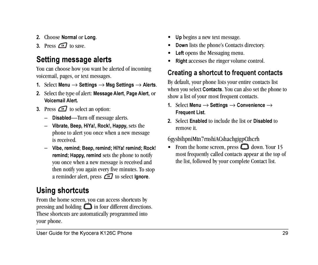 Kyocera K126C manual Setting message alerts, Using shortcuts, Creating a shortcut to frequent contacts 