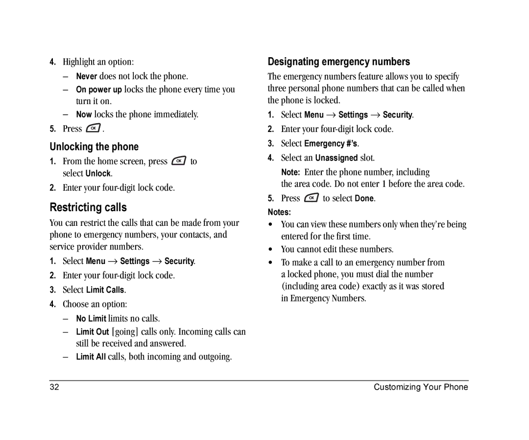 Kyocera K126C manual Restricting calls, Unlocking the phone, Designating emergency numbers 