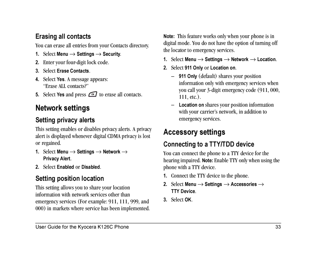 Kyocera K126C manual Network settings, Accessory settings 