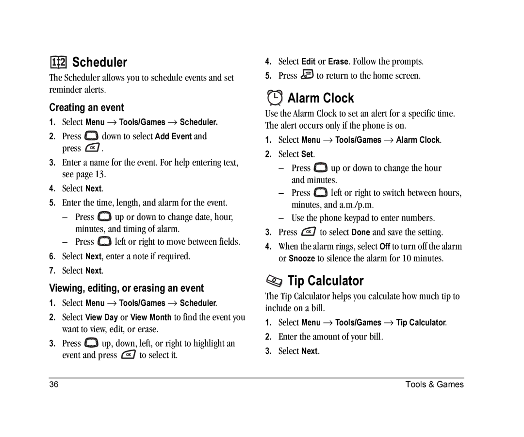 Kyocera K126C manual Scheduler, Alarm Clock, Tip Calculator, Creating an event, Viewing, editing, or erasing an event 