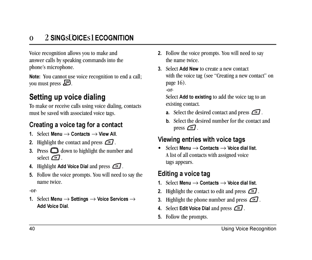 Kyocera K126C Setting up voice dialing, Using Voice Recognition, Creating a voice tag for a contact, Editing a voice tag 