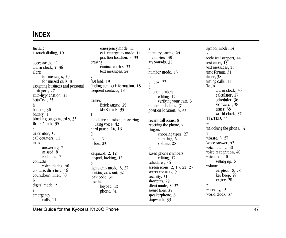 Kyocera K126C manual Index, Tty/Tdd 