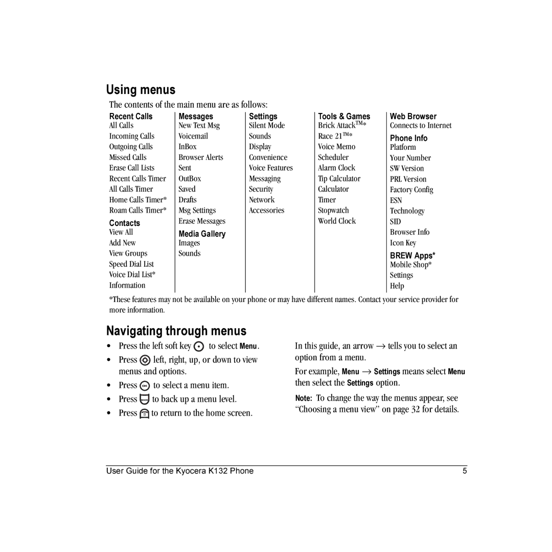 Kyocera K132 manual Using menus, Navigating through menus, Contents of the main menu are as follows 