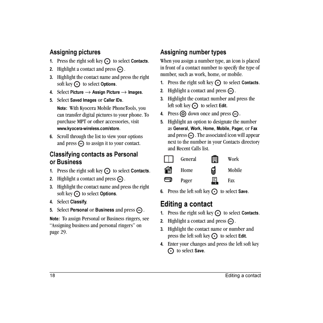 Kyocera K132 Editing a contact, Assigning pictures, Classifying contacts as Personal or Business, Assigning number types 