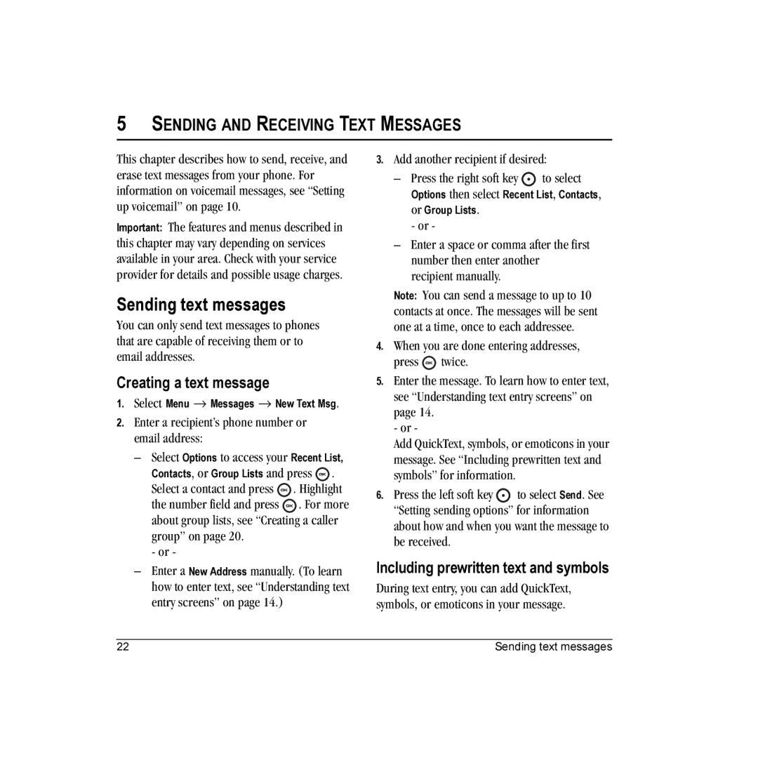 Kyocera K132 manual Sending text messages, Creating a text message, Including prewritten text and symbols 