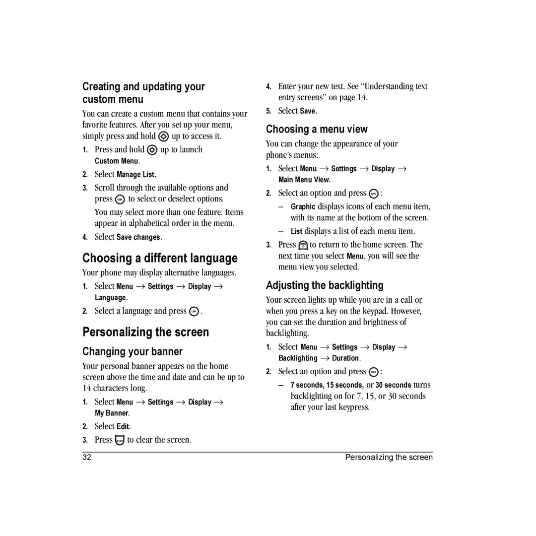 Kyocera K132 manual Choosing a different language, Personalizing the screen 