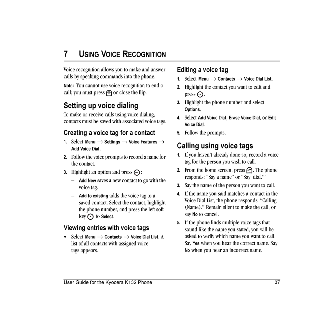 Kyocera K132 Setting up voice dialing, Calling using voice tags, Creating a voice tag for a contact, Editing a voice tag 
