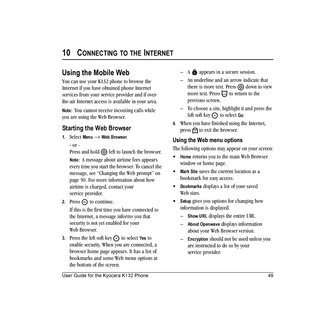 Kyocera K132 manual Using the Mobile Web, Starting the Web Browser, Using the Web menu options 