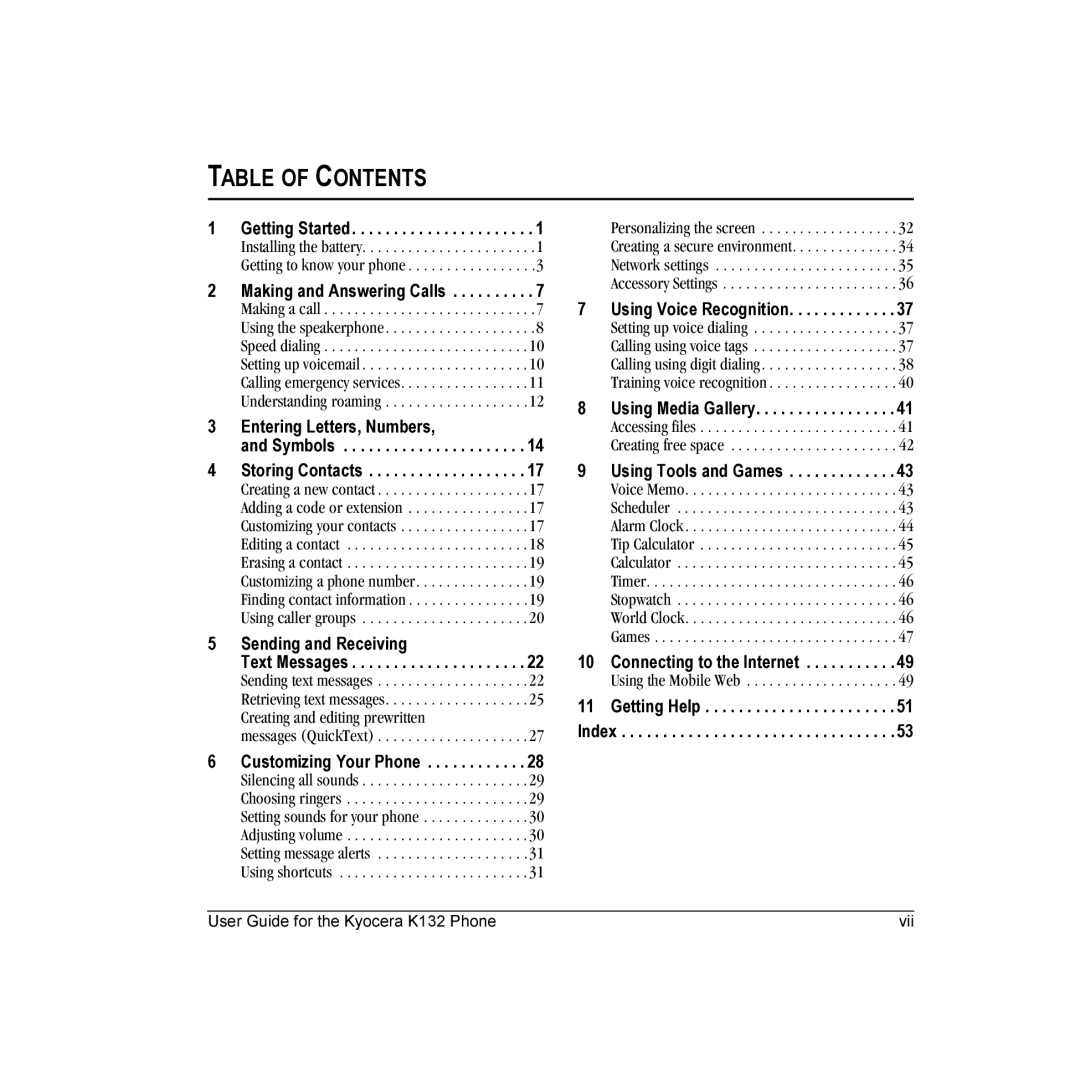 Kyocera K132 manual Table of Contents 