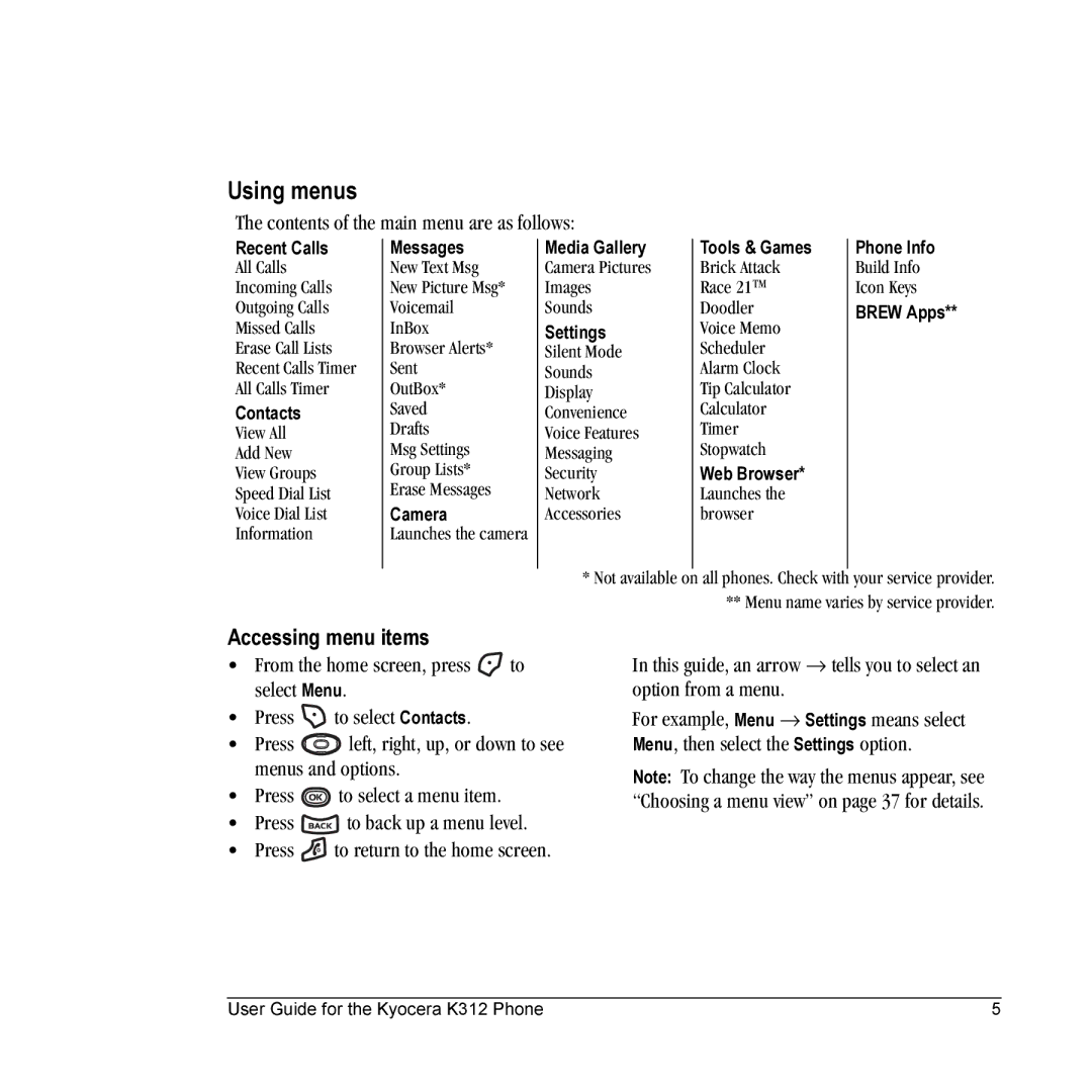 Kyocera K312 manual Using menus, Accessing menu items, Contents of the main menu are as follows 