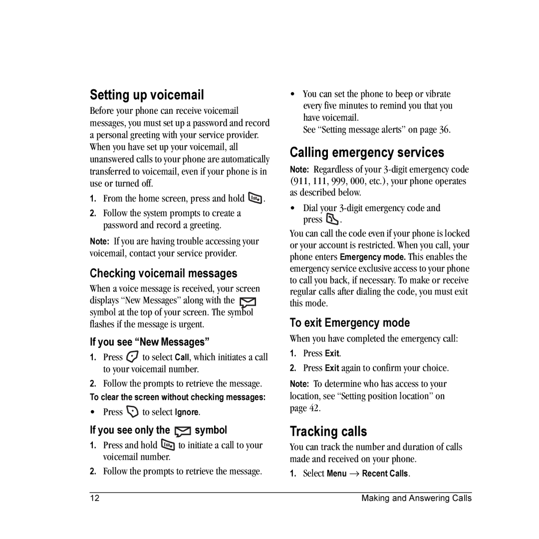 Kyocera K312 manual Setting up voicemail, Calling emergency services, Tracking calls, Checking voicemail messages 