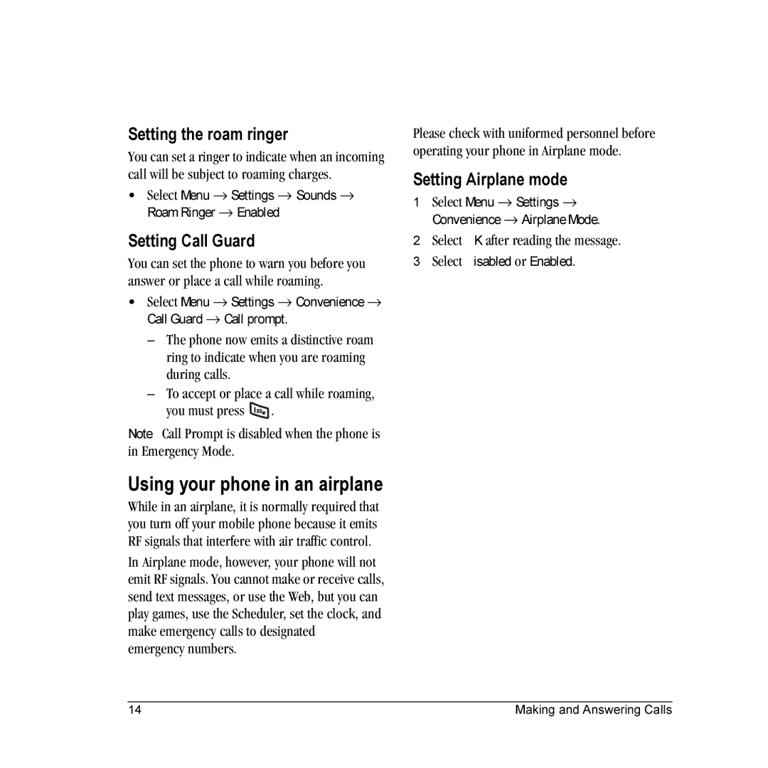 Kyocera K312 manual Using your phone in an airplane, Setting the roam ringer, Setting Call Guard, Setting Airplane mode 