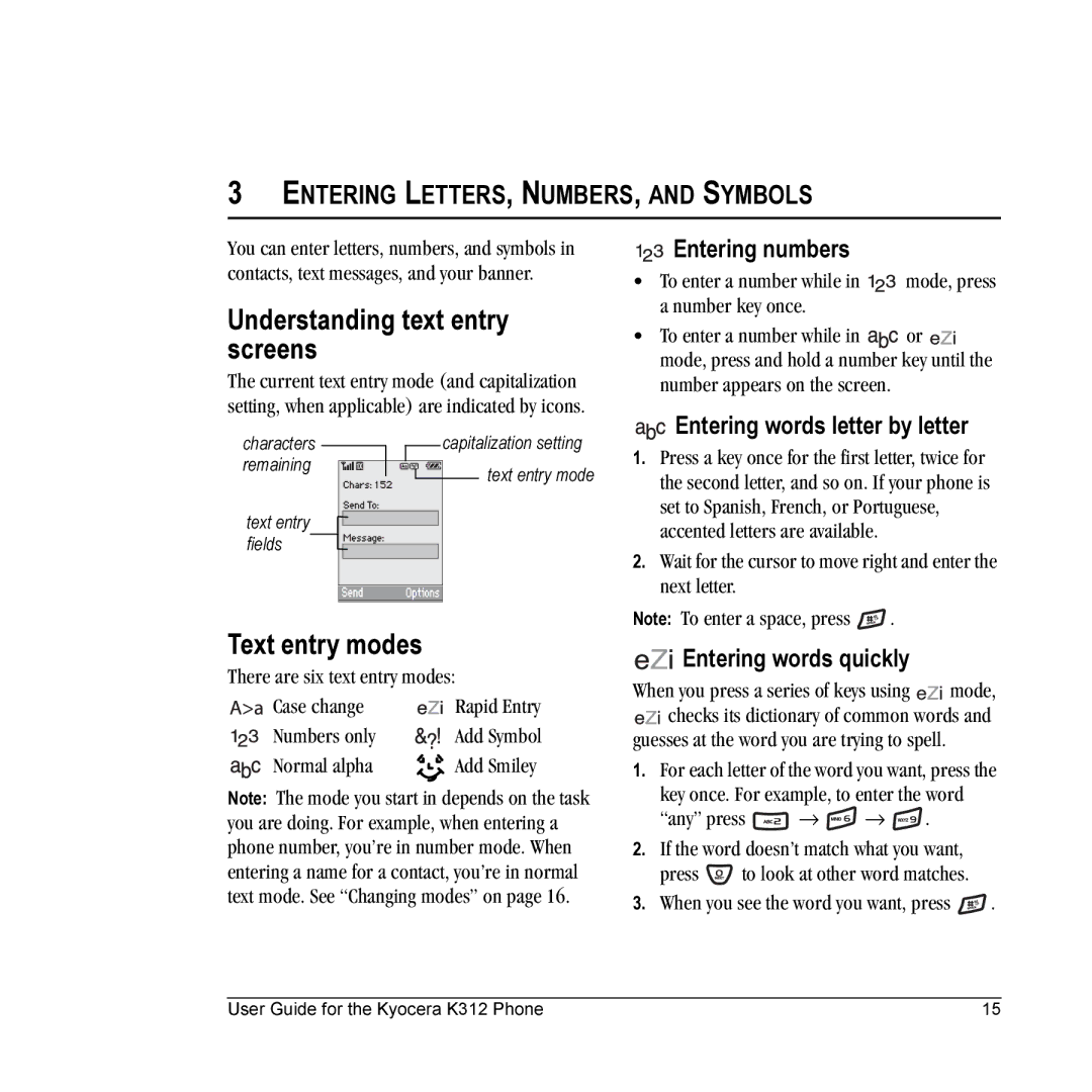 Kyocera K312 manual Understanding text entry screens, Text entry modes, Entering numbers, Entering words letter by letter 