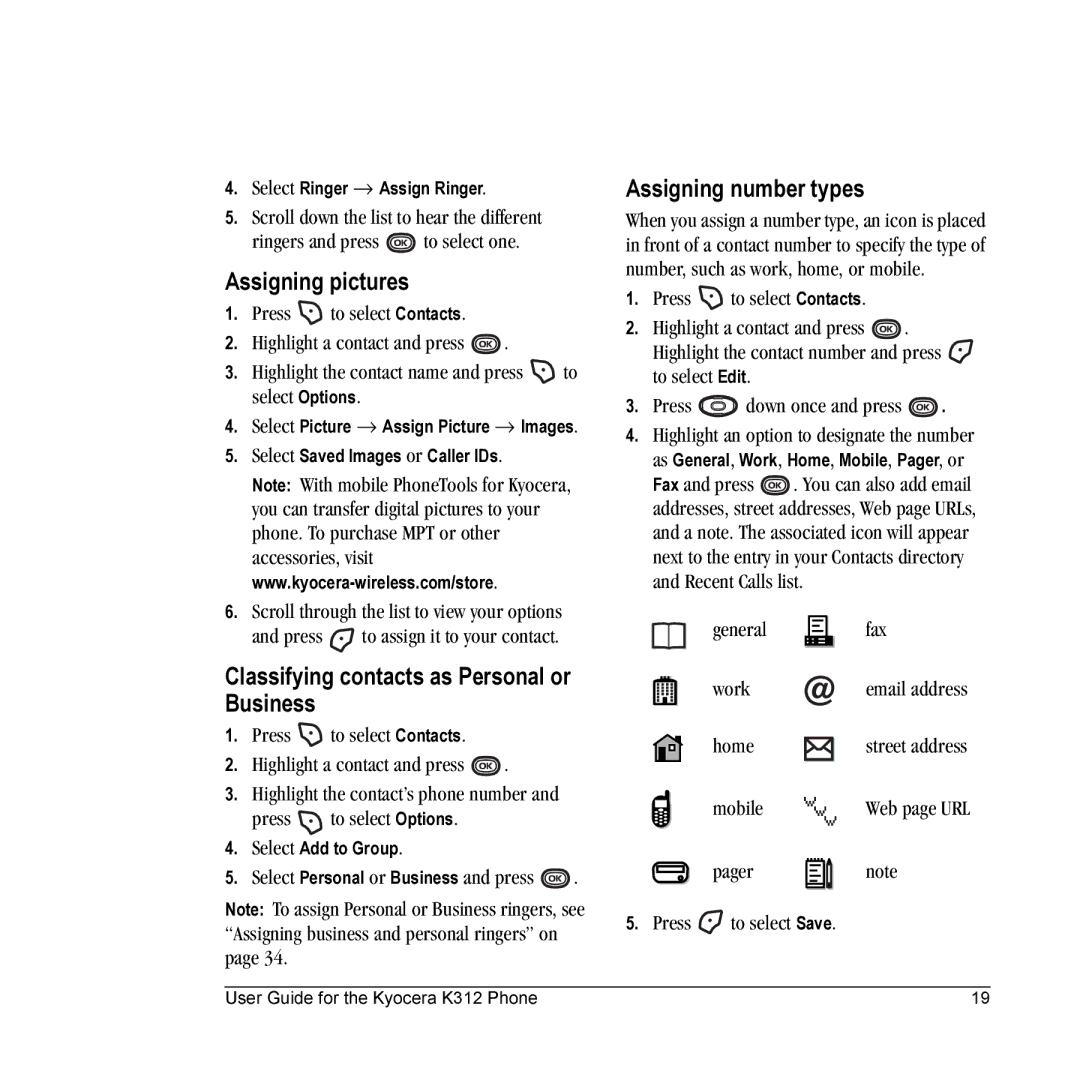 Kyocera K312 manual Assigning pictures, Classifying contacts as Personal or Business, Assigning number types 