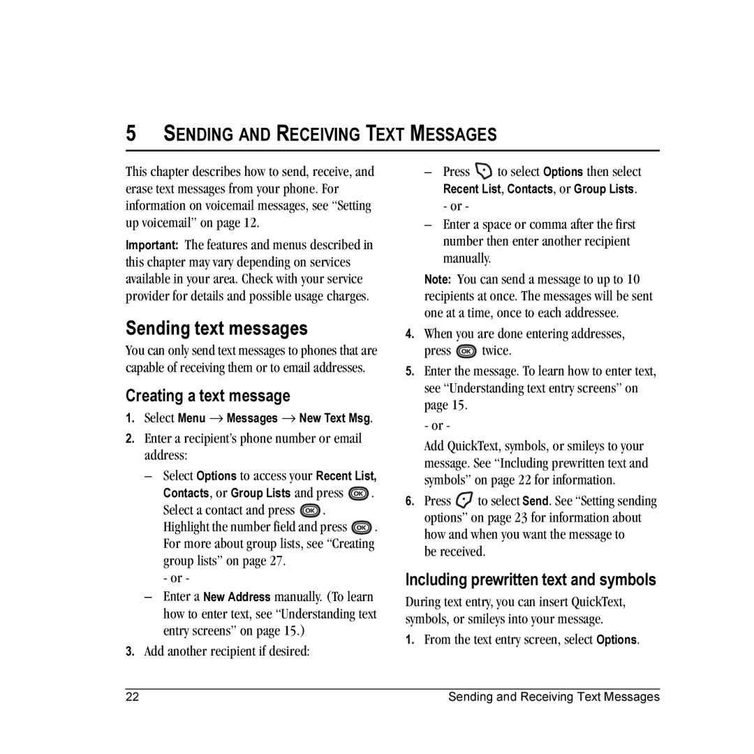 Kyocera K312 manual Sending text messages, Creating a text message, Including prewritten text and symbols 