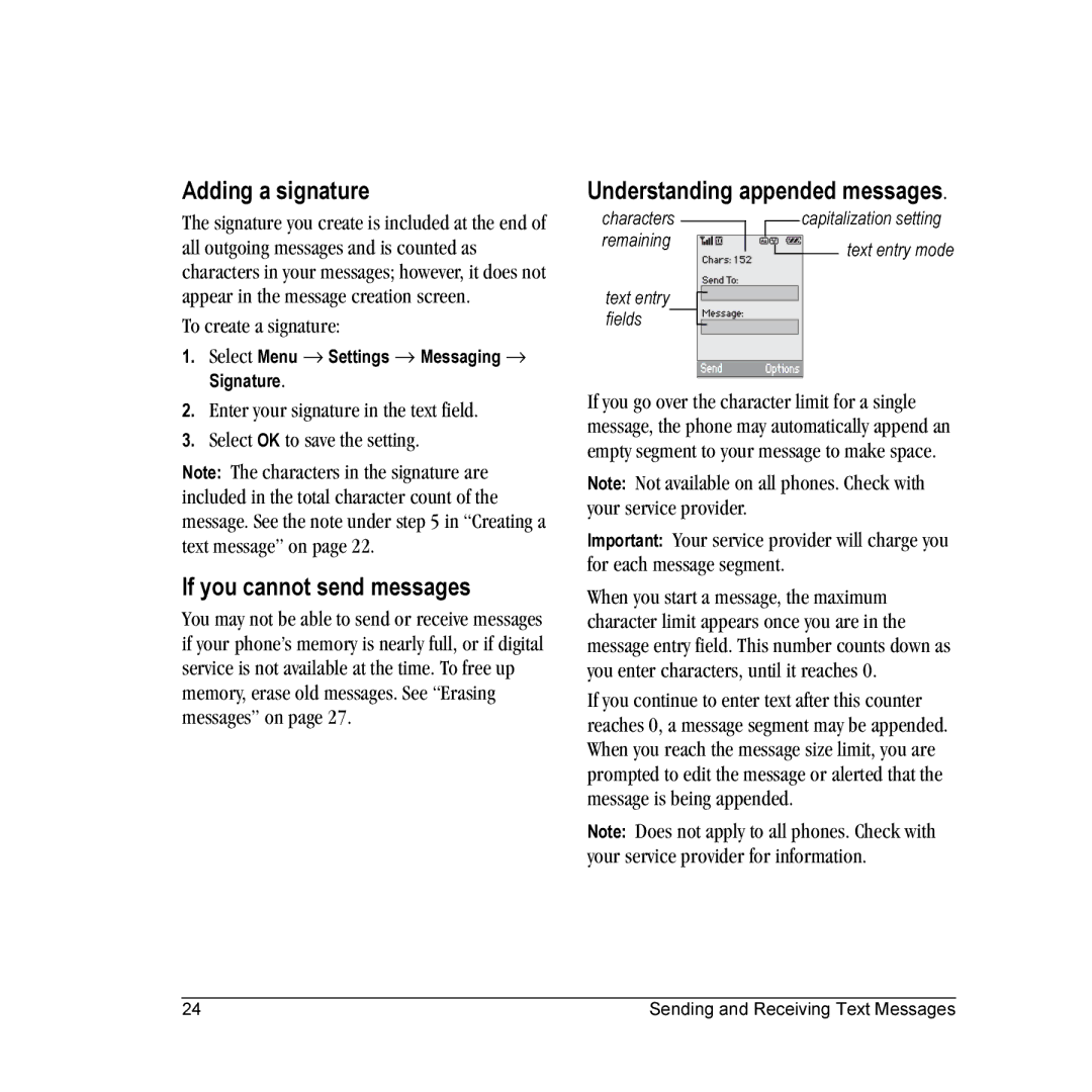 Kyocera K312 manual Adding a signature, If you cannot send messages, Understanding appended messages, To create a signature 