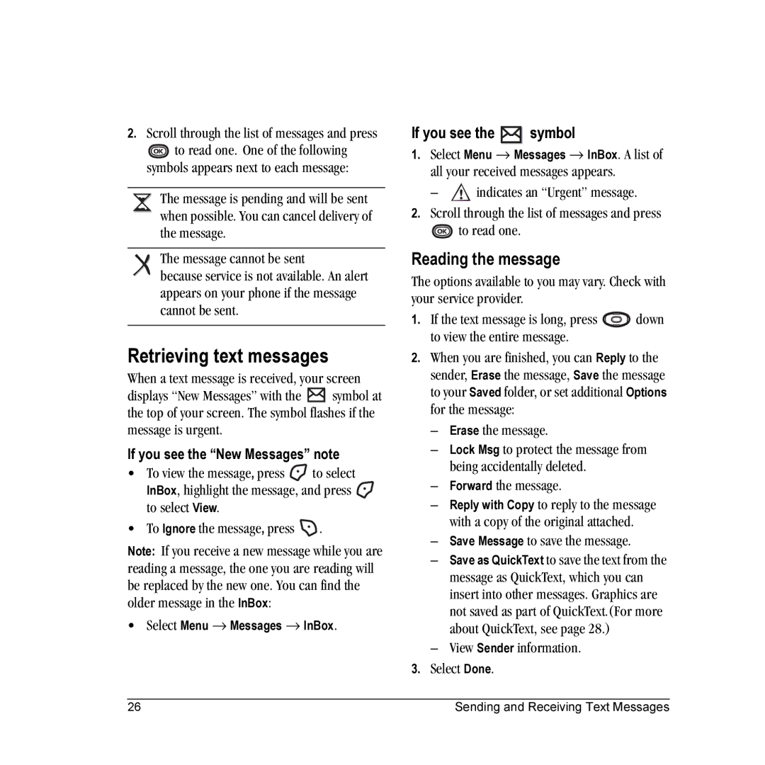 Kyocera K312 manual Retrieving text messages, Reading the message, Symbol 